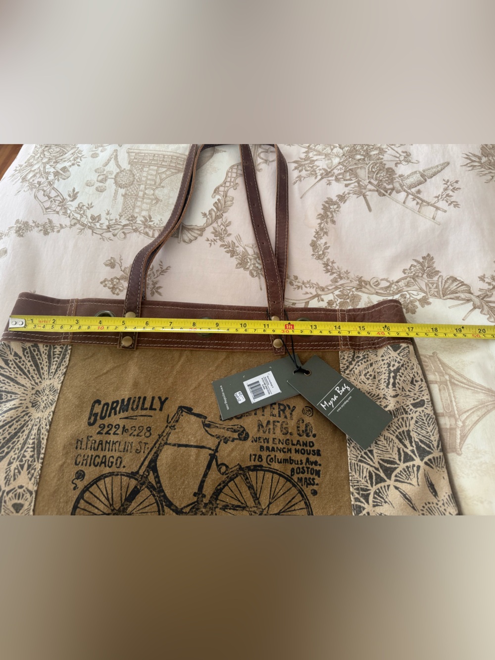 Myra Bag Brown Canvas & Leather Bicycle Print Tote - Picture 3 of 8